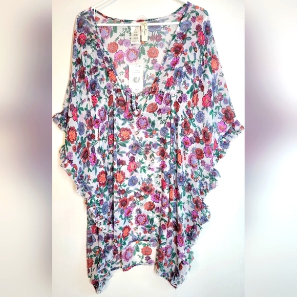 NWT Jessica Simpson Swim Cover Floral Medium Forget Me Not Frill Side Chiffon - Picture 2 of 7